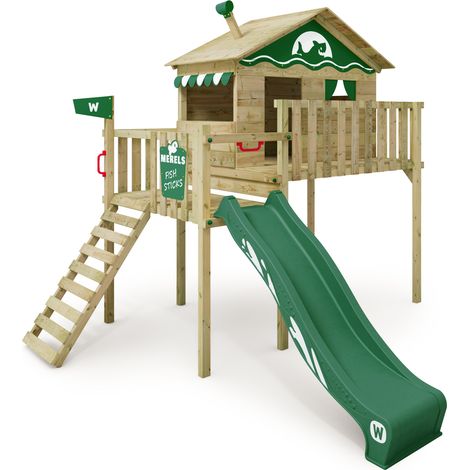 Wickey Smart Wave aire de jeu en bois avec toboggan et bac à sable en vert