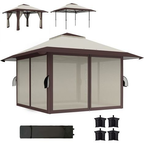 Pavillon 4x4m Wasserdicht Höhenverstellbar Pop-up Faltpavillon mit Netzwänden UV 50+ Faltbar Partyzelt Gartenzelt mit Tragetasche Sandsäcke Gartenpavillon für Camping Garten Festival, Beige Aosom