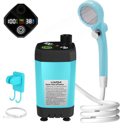 Pompe de douche de camping, kit de douche d'extérieur, avec plein écran, affichage numérique intelligent, réglable, 6000mAh, Bleu