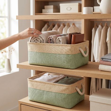Panier de rangement en lin, organisateur en tissu doux avec poignées en corde, style nordique moderne, boîte légère pour chambre, salon, chambre d'enfant, linge sale, vert (1/5)