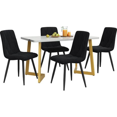 Ensemble table et 4 chaises de salle à manger, table rectangulaire 117x68 cm effet marbre blanc, sièges noirs en velours et pieds métal doré, CHICFURN (1/5)
