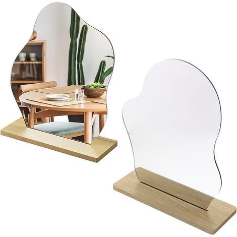 2 Pièces Miroir Maquillage, Forme Irrégulière Petit Miroir, Acrylique sans Cadre Miroirs Organique, Miroirs de Table avec Base en Bois pour Chambre À Coucher, Hôtel (1/5)