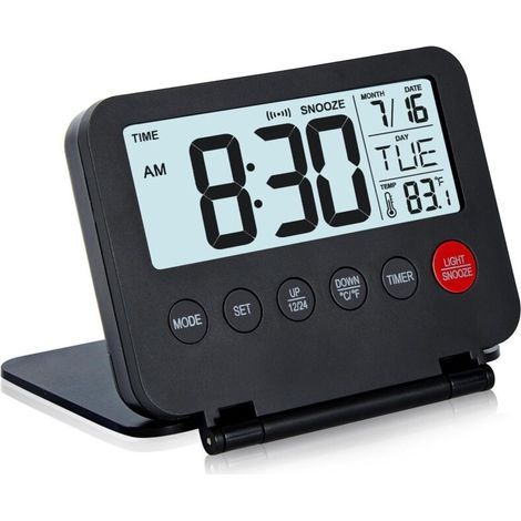 Small digital travel alarm clock, large LCD screen, front button with date and temperature display, snooze function and 8-second backlight, operates on AAA batteries (1/5)