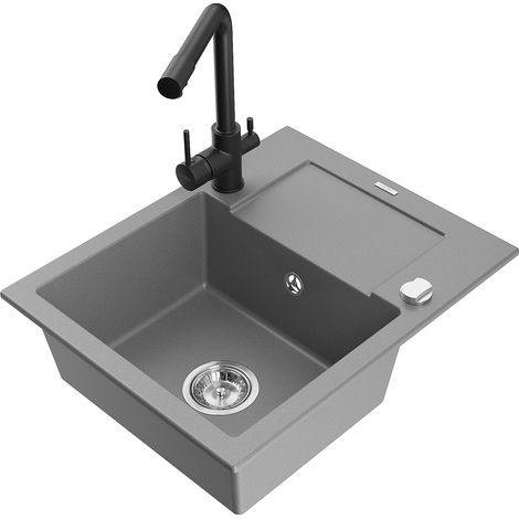 Mexen Enzo 1 Becken-Granitspüle mit Abtropffläche und Mischbatterie Duero, Grau - 6506-71-671600-70