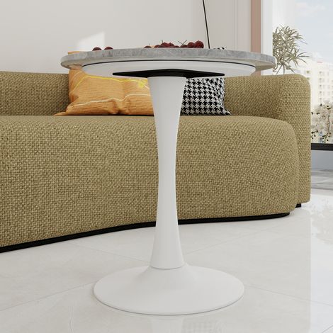 Table à manger ronde blanc 27,6 pouces, style mid-century moderne, plateau marbre veiné gris clair, table basse pour 2 à 4 personnes, idéale salon et salle à manger. (1/5)