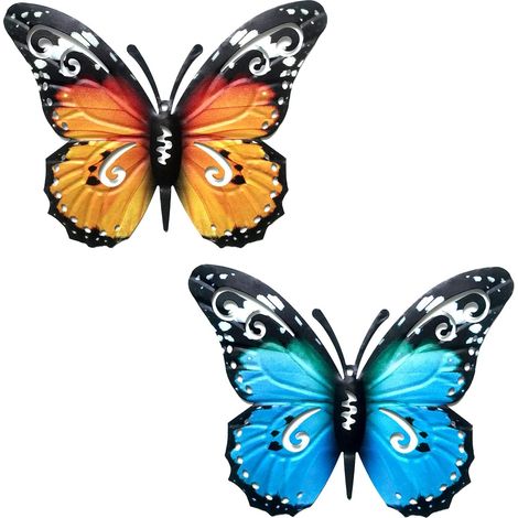 Juego de 2 mariposas de metal - Decoración de pared - Escultura de mariposa multicolor - Adornos colgantes para jardín, patio y cerca exterior