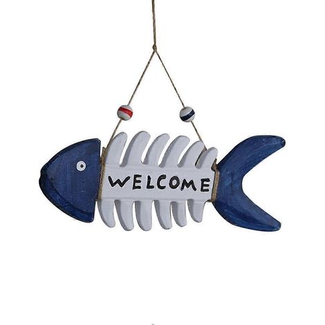 Panneau de bienvenue suspendu en forme de squelette de poisson bleu en bois, pour la décoration (1/5)
