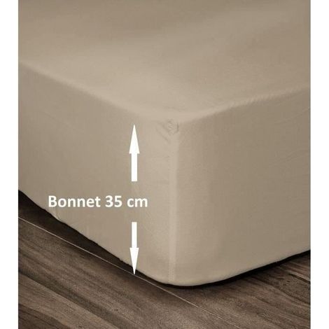 Les Tendances – Drap housse 100% coton 160x200cm – Bonnet 35cm – Spécial matelas épais – Coloris beige (1/4)