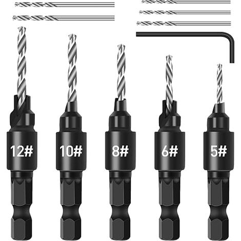 Juego de 5 brocas para biselar, juego de fresas de cambio rápido con vástago hexagonal ajustable de 1/4", brocas reemplazables con llave hexagonal, juego de brocas para carpintería (1/5)