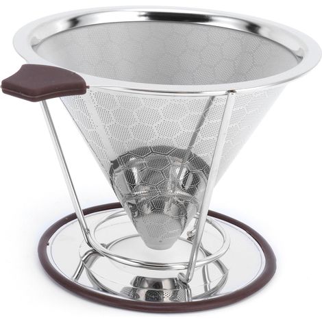 Ortviai Filtre à Café en Acier Inoxydable 304 pour 1 à 6 Tasses avec Support et Brosse – Filtre Conique à Mousse Fine (1/4)