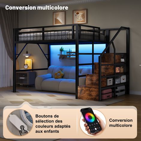 Lit surélevé 140x200, cadre en acier, LED intégré, échelle avec tiroirs, coin bureau à créer, sans matelas, teinte noire (1/5)