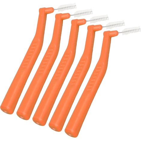 Packung mit 5 L-förmigen Interdentalbürsten, orange, zur Reinigung der Zahnzwischenräume, ideal für Erwachsene und Kinder in kieferorthopädischer Behandlung, ersetzt Zahnseide, einfache Mundhygiene. (1/5)
