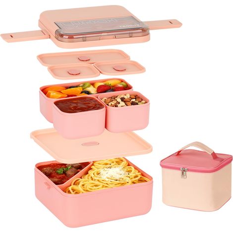 Boîte à déjeuner 1800 ml avec compartiments, empilables, 2 couches, réutilisables avec sac thermique et couverts pour adultes et enfants, bureau, école, voyage (rose) (1/5)