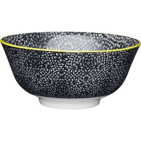 Kitchencraft Footed contemporáneo flower-patterned cuencos, 15,5 cm (6 ") (Set de 4), cerámica, Negro/Blanco, 15,5 x 15,5 x 7,5 cm