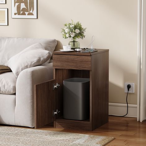 Table de chevet moderne en MDF décor noyer, 1 tiroir, charge USB-A/USB-C et prise AC, 33x40x61,5 cm (1/5)
