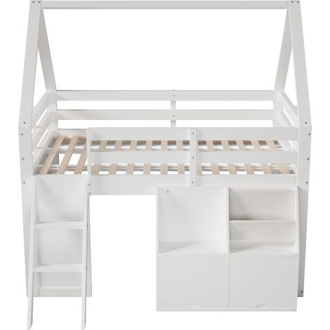Lit mezzanine cabane 140 x 200 cm avec escalier, LED, rangements et poches, blanc (1/5)