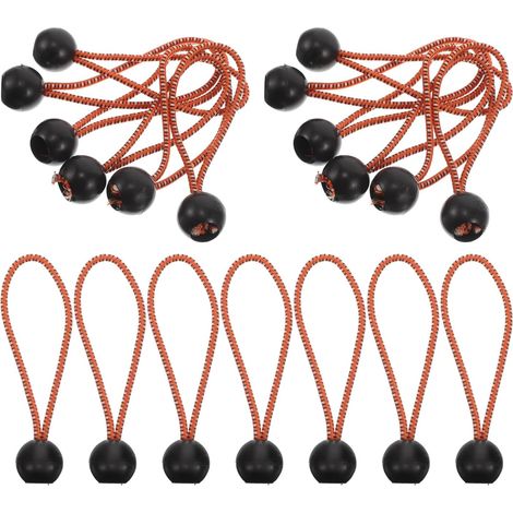 Konvolut aus 30 orangefarbenen elastischen Abspannleinen, weißen Kugeln und Spannern für Planen/Zelte.