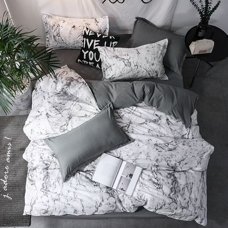 Completo letto in marmo bianco e grigio antracite - 3 pezzi per letto matrimoniale - Motivi stampati su entrambi i lati (200 x 200 cm) (1/5)