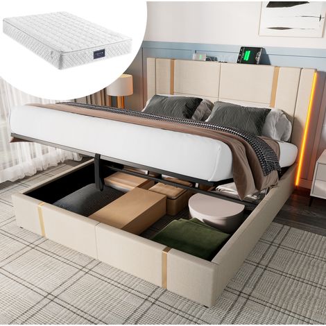 Lit coffre tapissé 160/200 cm beige en lin avec LED, ports USB et Type-C et matelas à ressorts (1/5)