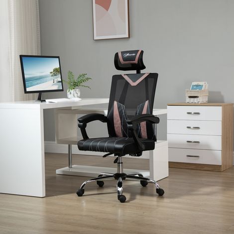 Respirante - Chaise de bureau ergonomique maille rose, soutien lombaire et cervical, hauteur et inclinaison réglables