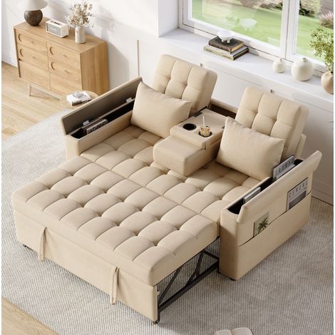 Divano letto 2 posti con contenitore beige OKMYHOME (1/5)