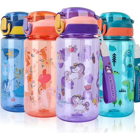 Gourde pour enfants avec paille, 600 ml, idéale pour l'école, anti-fuite, sans BPA, en Tritan, motif licorne violette, pour filles et garçons. (1/5)