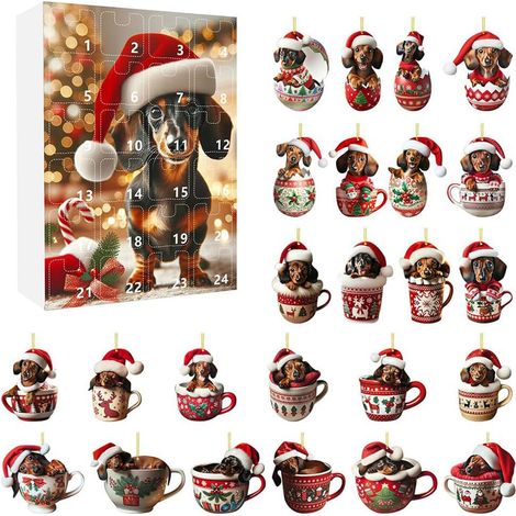 Calendrier de l'Avent de Noël avec teckel - Calendrier de compte à rebours avec chien rigolo et crochet - Calendrier de l'Avent avec 24 jours de Noël - Décoration de sapin de Noël pour cadeaux de Noël (1/5)