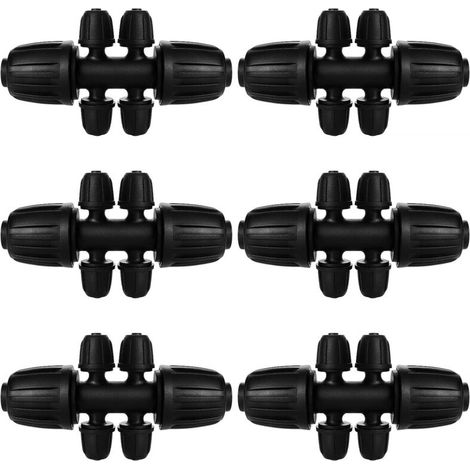 Conector de manguera en T de 6 piezas con conexiones de púas, conector de tubería de riego de 6 vías para mangueras de 13/16 mm a 4/7 mm, conector de riego por goteo de 6 vías para jardín y césped.