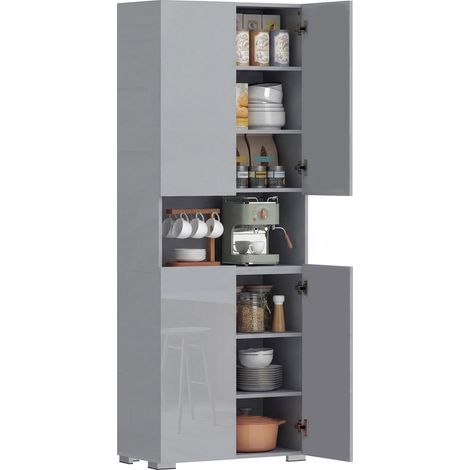 HOMCOM 180cm Tall Kitchen Cupboard, Pantry Storage Cabinet, High Gloss Grey