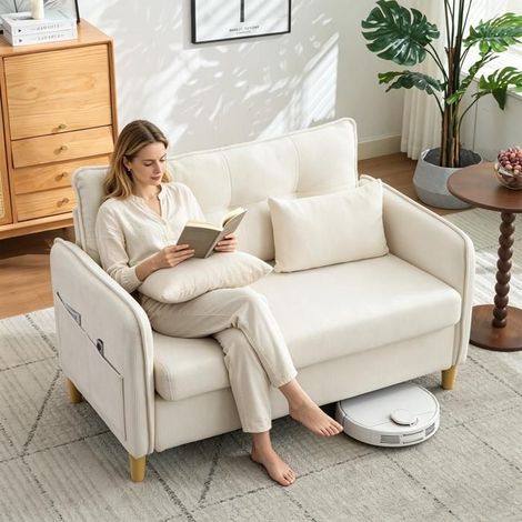Canapé 2 Places accoudoirs coussins d'assise moelleux poches latérales tissu chenille format compact montage facile beige (1/5)