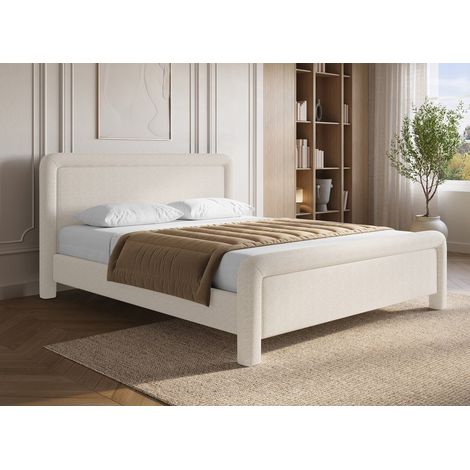 Deco In Paris – Lit double en tissu doux beige 180 x 200 cm – Tête de lit épurée – Sommier robuste – Confort optimal pour nuits reposantes (1/5)