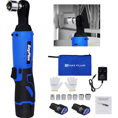 Electric Ratchet Wrench Cordless Ratchet Wrench with 2300RPM 3/8" Output Shaft, 7 Sockets Compact Right Angle Wrench DIY Tool Ratchet Wrench Set, 2x1500mAh Battery