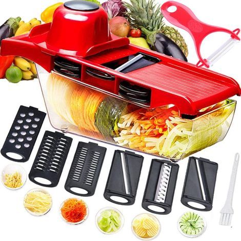 Manual slicer, vegetable cutter, food grinder, grater, 6 interchangeable stainless steel blades with peeler, safety hand guard (1/4)