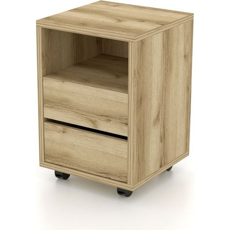 Cassettiera in quercia con ruote MELTO – 2 cassetti e 1 vano – Mobile contenitore in legno chiaro pratico (1/4)