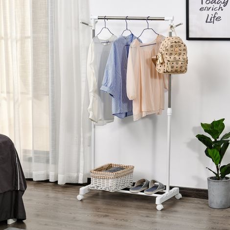 Portant-vêtements mobile blanc avec étagère basse, hauteur réglable, 4 roues pivotantes