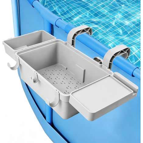 Panier Rangement Piscine, Panier de Rangement Piscine Hors Sol Suspendu avec Porte-Gobelet et Étagère, Robuste et Compact, en Plastique Recyclé, Gris (1/5)