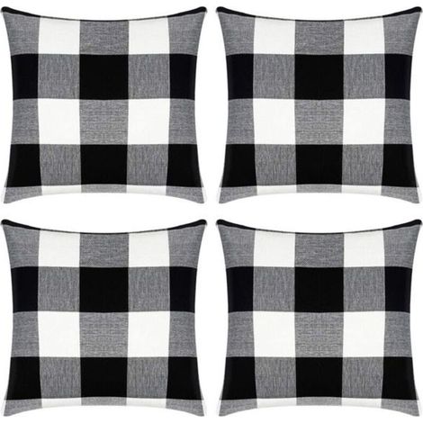 Set di 2 fodere per cuscini a quadri per cuscini quadrati da esterno in stile rustico, realizzate in cotone e lino bianco e nero - 4