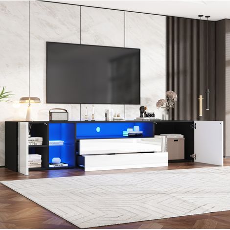 Mueble para TV de aglomerado blanco y negro 180 x 40 x 45 cm, frontal alto brillo, LED USB, 2 cajones y 2 compartimentos (1/5)