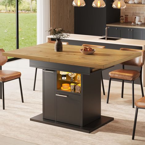 Table de Salle à Manger Extensible avec Rangement, Étagères en Verre et LED, pour 4 à 6 Personnes, Noir (1/5)