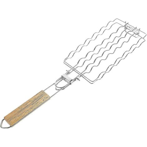 Grille rectangulaire en acier inoxydable avec manche en bois, idéale pour griller maïs, saucisses, légumes et pour les barbecues et pique-niques à la maison. Dimensions : 50 x 12 cm. Vendue à l’unité. (1/5)