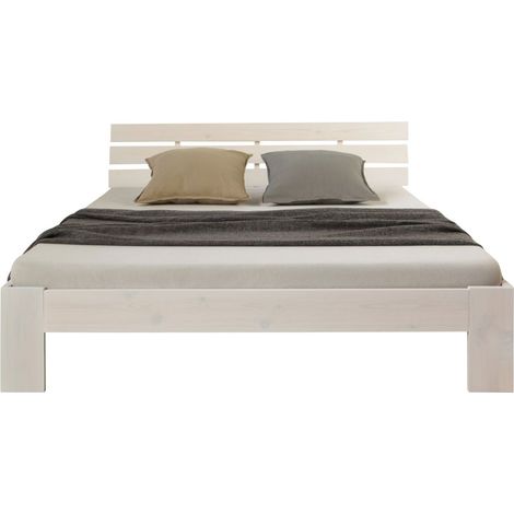 Letto matrimoniale in legno massiccio bianco con rete a doghe (1/4)