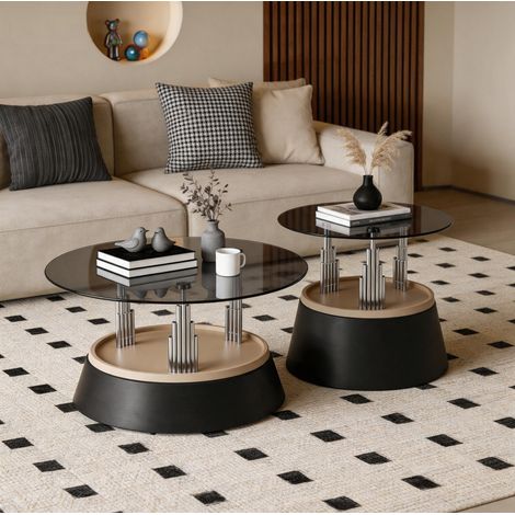 Tavolino basso 2 pezzi con piano in vetro temperato, design a incastro, nero HAVRYA (1/5)