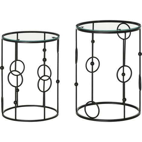 HOMCOM Set of 2 Nesting Coffee Table, Side Tables with Glass Top, Black (1/5)