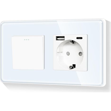 Interrupteur Schuko rond 1 voie avec prise murale de 20 W de type C et USB combiné, cadre en verre, encastré, blanc, 110-250 V, 157 mm, bords incurvés (neutre nécessaire) (1/5)