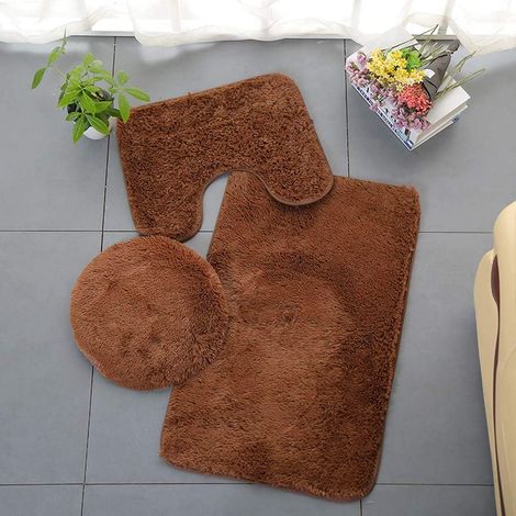 Tapis de salle de bain 3 pièces tapis de salle de bain couleur unie tapis absorbant doux antidérapant et couverture de toilette lavable, marron (1/2)