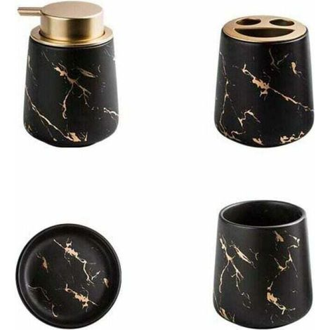 Juego de 4 accesorios de baño de cerámica marmolada: dispensador de jabón, portacepillos, vaso y jabonera, negro mate, 12,5 x 8,5 cm (1/4)