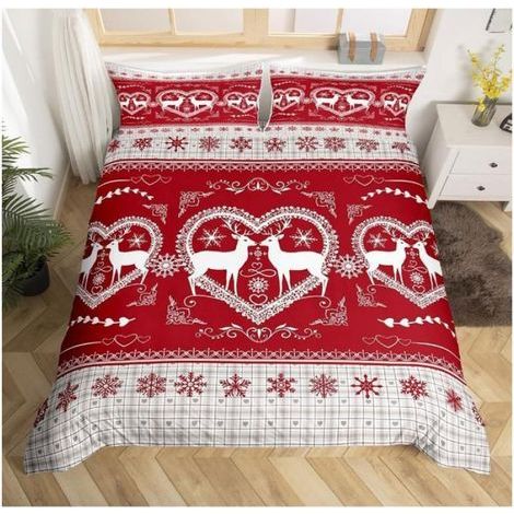 Housse de Couette - 140x200 cm - Motif Noël Renne et Flocon de Neige - Parure de Lit avec 2 Taies d'Oreiller 65x65 cm (1/4)