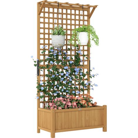 Hochbeet mit Spalier und Dach, Pflanzkasten, Blumenbeet, wetterfest, Holz, 90 x 45 x 183 cm, Braun