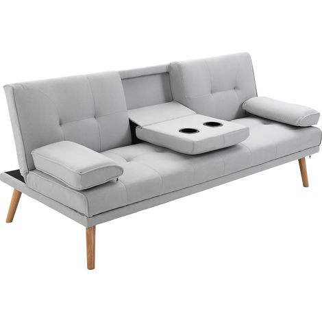 Homcom – Canapé convertible 3 places – Dossier inclinable 3 positions – Accoudoirs amovibles – Revêtement lin gris clair – Dimensions 181x77x78 cm (1/6)