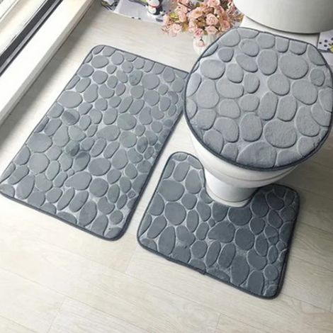 Lot de 3 tapis de bain antidérapants en relief imitation pavés pour salle de bain, avec couvercle de toilette, gris, idéal pour les hôtels. (1/5)